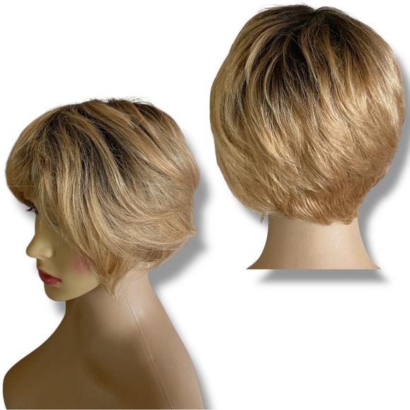 Honey Blonde Tapered Pixie Bob Dark Roots Synthetic Wig Feminine One Size Chic - Picture 8 of 14